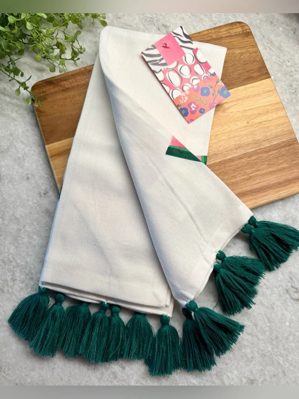 New Summer Watermelon w/ Green Tassels 100% Cotton Kitchen Hand Towels Set of 2